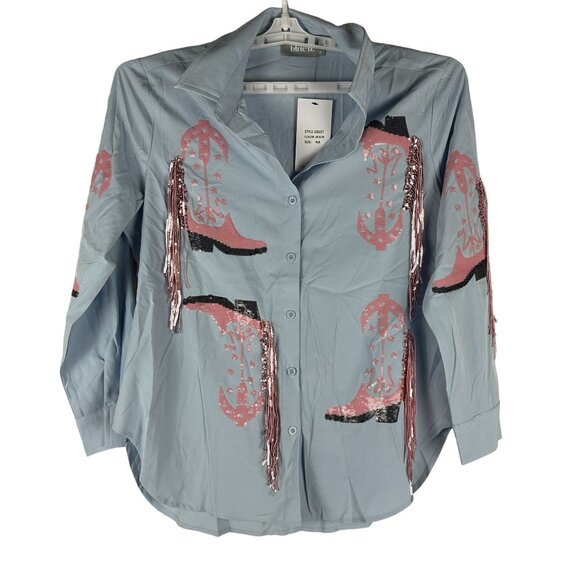 Blue b Womens Baby Blue & Pink Sequin Fringe Cowboy Boot Print Button-Up Shirt M - Picture 1 of 7